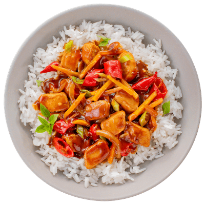 Reis mit Hühnchen in süß-sauer Sauce