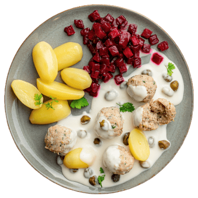 Königsberger Klopse mit Kartoffeln und rote Beete