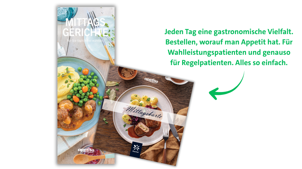 Jeden Tag eine gastronomische Vielfalt. Bestellen, worauf man Appetit hat. Für Wahlleistungspatienten und genauso für Regelpatienten. Alles so einfach.