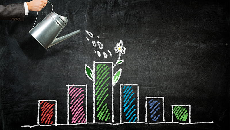 Diagramm mit Blume auf dem größten Balken und Gießkanne