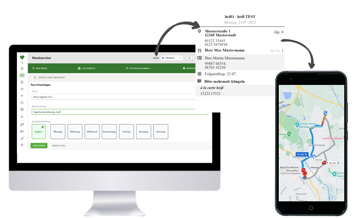 Navigation über mobile Tourenlisten im Menüservice Manager