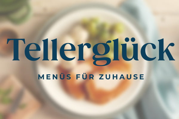Logo von Tellerglück mit Menübild im Hintergrund